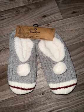 WindRiver Women's Gray Plush Lined Slipper Socks with Pom Poms
